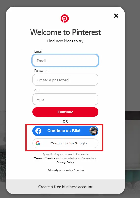 Sign up/Sign in to your Pinterest Account